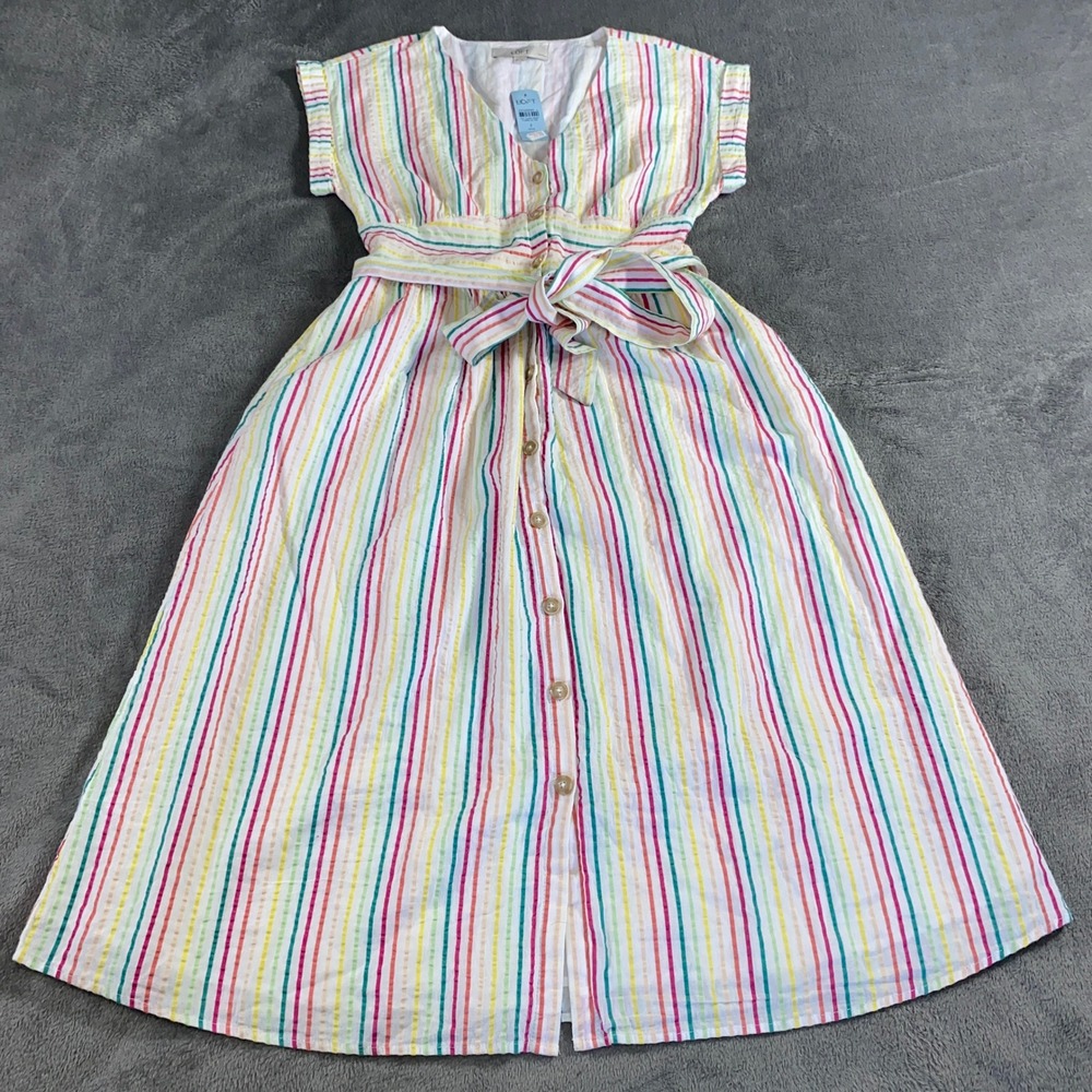 LOFT Midi Dress Womens 2P White Rainbow Stripe Seersucker Button Belted Nautical